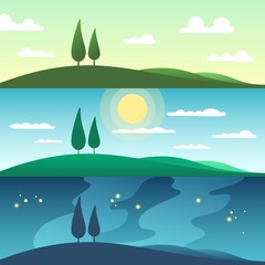 Sticker - Beautiful summer landscape in different times of day. Cartoon vector illustration