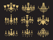 Set of vintage chandeliers isolated on black background
