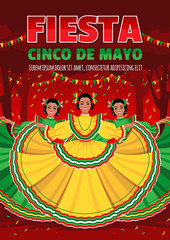 cinco de mayo poster design. dancing girls in colorful dresses on the red background