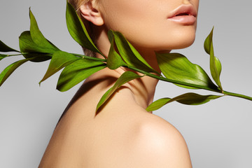 Wall Mural - Beautiful woman applies Organic Cosmetic. Spa and Wellness. Model with Clean Skin. Healthcare. Picture with leaf