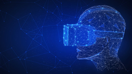 Poster - Virtual reality technology network futuristic hud polygon human's head with VR headset on peer to peer network background represent high technology, gaming and virtual life concept. Horizontal layout.