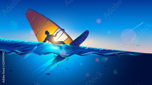 Dekoracja na wymiar  windsurfing-mlody-czlowiek-na-desce-surfingowej-wiatr-latajacy-na-falach-i-dotykajac-powierzchni-wody-zeglujacy-na-desce-wodnej