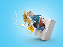 Washing Machine And Flying Clothes On Blue Background
