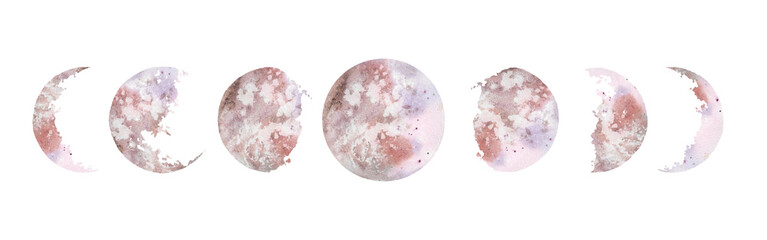 watercolor illustration: various moon phases isolated on white background. hand painted modern space