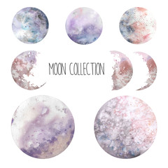 watercolor cosmic set. hand drawn moon collection. various space elements isolated on white backgrou
