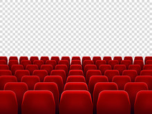 Seats At Empty Movie Hall Or Seat Chair For Film Screening Room. Isolated Red Armchairs For Cinema, Theater Or Opera Vector Background