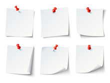 White Paper Notes On Red Thumbtack. Top View Note Sticker With Pins Vector Set