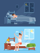 Man Sleeping Under Duvet At Night, Waking Up Morning And Getting Out Of Bed. Peacefully Sleep In Comfy Bedding Cartoon Vector Concept