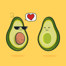 Illustration Cartoon Funny Avocado Icon With Black Sunglasses, Cute Characters Design Lover For Valentines Day Avocado Concept With Vector Line Art, Husband And Wife Is Happiness, Fruit Love