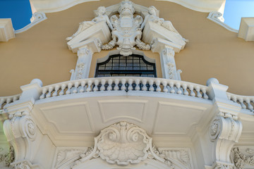 Close up historical building facade with architectural decorations in Lisbon