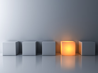 Fototapete - Stand out from the crowd and think different concepts , One glowing box or cube standing among white dim cubes on dark white background with reflections and shadows . 3D rendering.