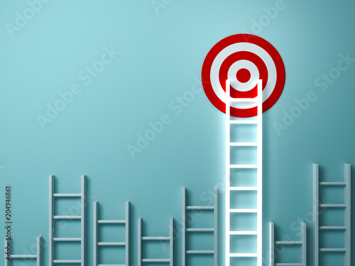 Fotografía Stand out from the crowd and different creative idea concepts , Longest light ladder glowing and aiming high to goal target among other short ladders on green background with shadows