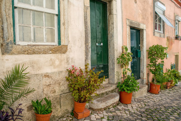  Aged vintage building facade . Vintage building facade wall. Classic European architecture.