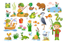 Vector Set On A Forest Children Theme. An Animal Pond. Children Are Fishing. Collection Of Vector Illustration.