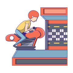 Canvas Print - boy playing on motorcycle arcade machine over white background, vector illustration