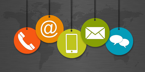 Website and Internet contact us page concept with hanging icons in front of a ark world map background