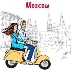 Wall Mural - couple driving scooter in Moscow