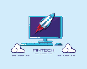 Poster - Fintech concept with computer and rocket over blue background, vector illustration