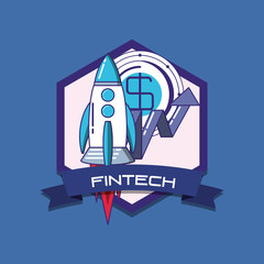 Poster - emblem of fintech concept with space rocket and coin over blue background, colorful design. vector illustration