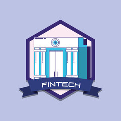 Poster - emblem of fintech concept with bank building icon over purple background, colorful design. vector illustration