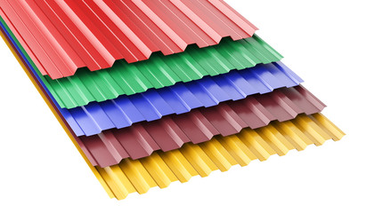 Metal corrugated roof sheets, with various colors.