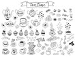 Tea time doodle elements collection. Hand drawn tea vector icons. Teapots, cups, cupcakes and sweets isolated on white background. Design elements.