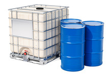 Intermediate Bulk Container With Metallic Barrels, 3D Rendering