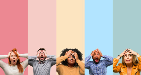 Canvas Print - Cool group of people, woman and man stressful keeping hands on head, terrified in panic, shouting