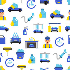 Sticker - Vector car wash flat icons pattern or background illustration