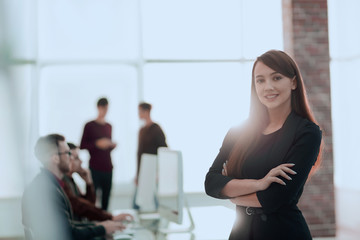 Sticker - business woman on blurred background office