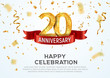 20 years anniversary vector banner template. Twentieth year jubilee with red ribbon and confetti on white background