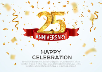 Wall Mural - 25 years anniversary vector banner template. twenty five year jubilee with red ribbon and confetti o