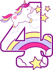 number 4 with cute unicorn and rainbow. can be used for baby birth announcements, nursery decoration, party theme or birthday invitation. Design for baby and children