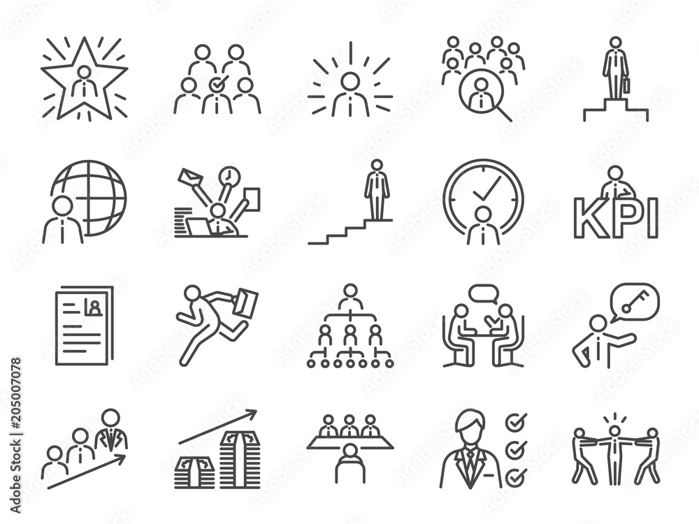 Career path icon set. Included the icons as newbie, job seeker, headhunter, headhunting, first jobber, rookie, promoted and more - obrazy, fototapety, plakaty 