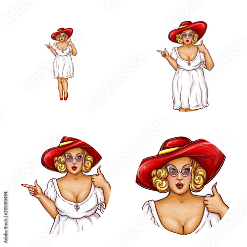 Vector Pop Art Avatar Of Obese Blonde Woman In Red Hat Glasses Pointing At Sale Offers Vector Pop Art Avatar Of Obese Blonde Woman In Red Hat Glasses Pointing At Sale Offers