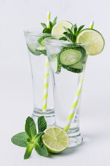 Cold mineral water with cucumber, lime, mint and ice on soft white background.  Summer refreshing drinks.