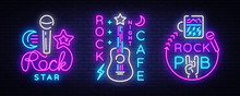 Rock Music Collection Neon Logos Vector. Rock Pub, Cafe, Rock Star Neon Signs, Conceptual Symbols, Bright Night Advertising, Light Banner, Live Music, Karaoke, Neon Signboard, Design Element Vector