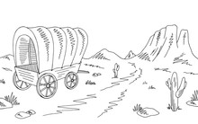 Prairie Covered Wagon Graphic Black White American Desert Sketch Landscape Illustration Vector