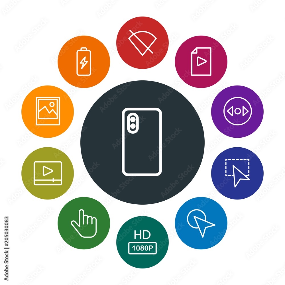 Cell Video Icon mobile, video, photos, cursors Infographic Colorful outline Icons Set ...