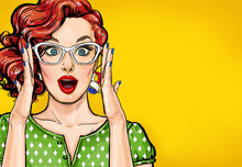 Surprised Pop Art Woman In Hipster Glasses. Advertising Poster Or Party Invitation With Sexy Club Girl With Open Mouth In Comic Style.