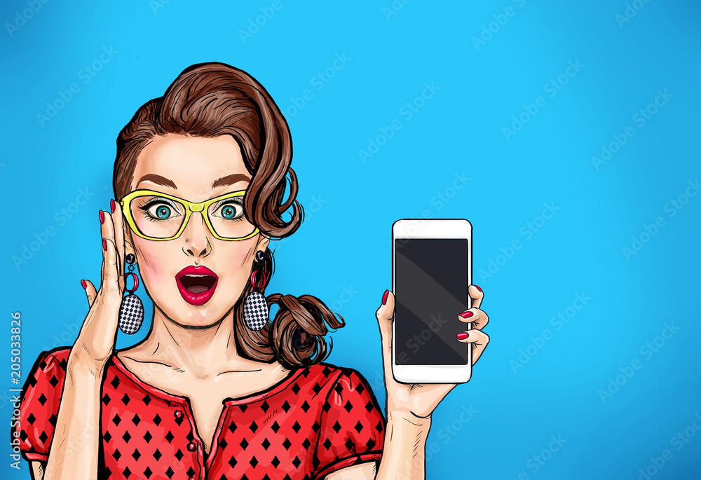 Attractive sexy girl in specs with phone in the hand in comic style. Pop art woman holding smartphone. Digital advertisement female model showing the message or new app on cellphone.  - obrazy, fototapety, plakaty 