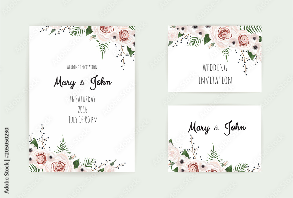 Floral Wedding Invitation. Botanical card vector Design garden pink, peach Rose flower, anemones ,green Eucalyptus, tender greenery - obrazy, fototapety, plakaty 