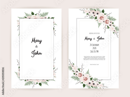 Floral Wedding Invitation. Botanical card vector Design garden pink, peach Ro...