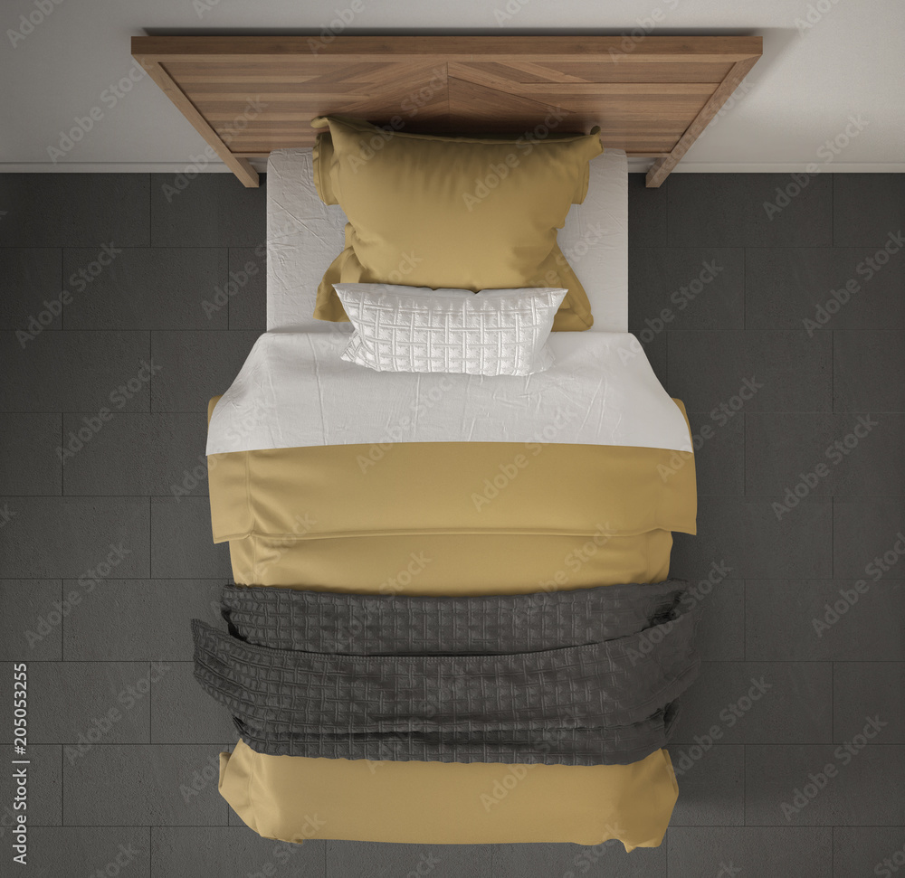 Modern bedroom, top view, closeup on single wooden, gray and yellow bed,  marble floor, contemporary interior design Stock Photo | Adobe Stock, image size:1000x971