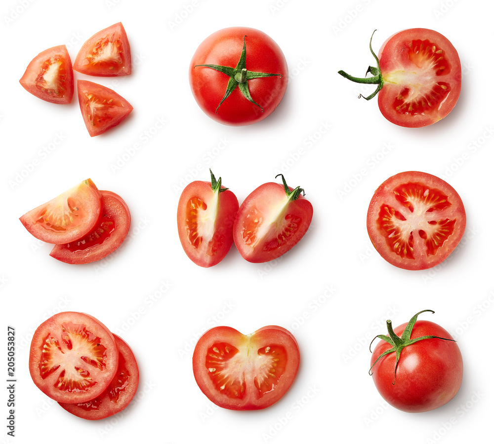 Set of fresh whole and sliced tomatoes - obrazy, fototapety, plakaty 