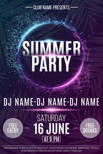 Flyer For The Summer Party. Abstract Neon Round Banner With Flying Luminous Geometric Particles. Dance Night Party. Triangles. Plexus Style. The Names Of The Club And DJ. Vector Illustration