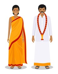 Wall Mural - Set of standing together indian man and woman in the traditional clothing isolated on white background in flat style. Differences people in the east dress. Vector illustration.