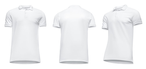 Wall Mural - Blank template men white polo shirt short sleeve, front view half turn bottom-up, isolated on white background. Mockup concept t-shirt for design and print