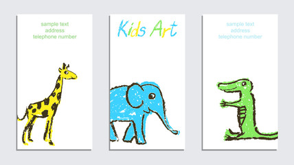 Crayon like child`s hand drawing art colorful wild animals card set. Giraffe, elephant, and crocodile on white. Artistic stroke pastel chalk or pencil vector art. Childlike funny style background