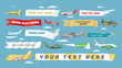 Plane banner vector airplane or aircraft with blank message advertisement and text template ad in illustration set of aeroplane or airliner advertising in sky isolated on background